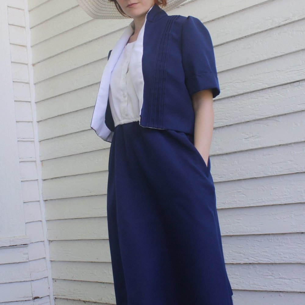 70s Blue White Day Dress S M Montgomery Ward Casual - Picture 8 of 10
